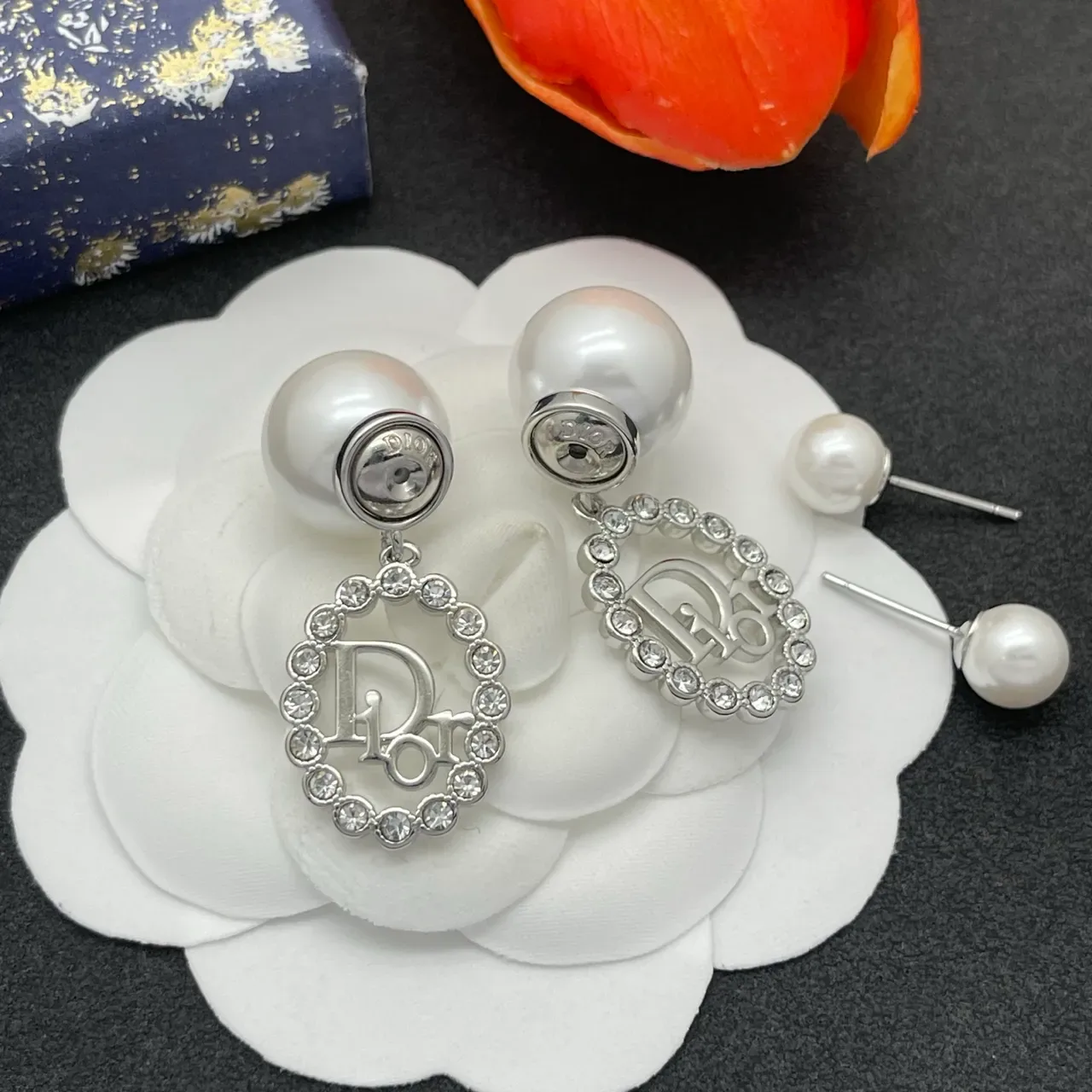 Dior Oblique Crystal and Pearl Dangling Earrings 5