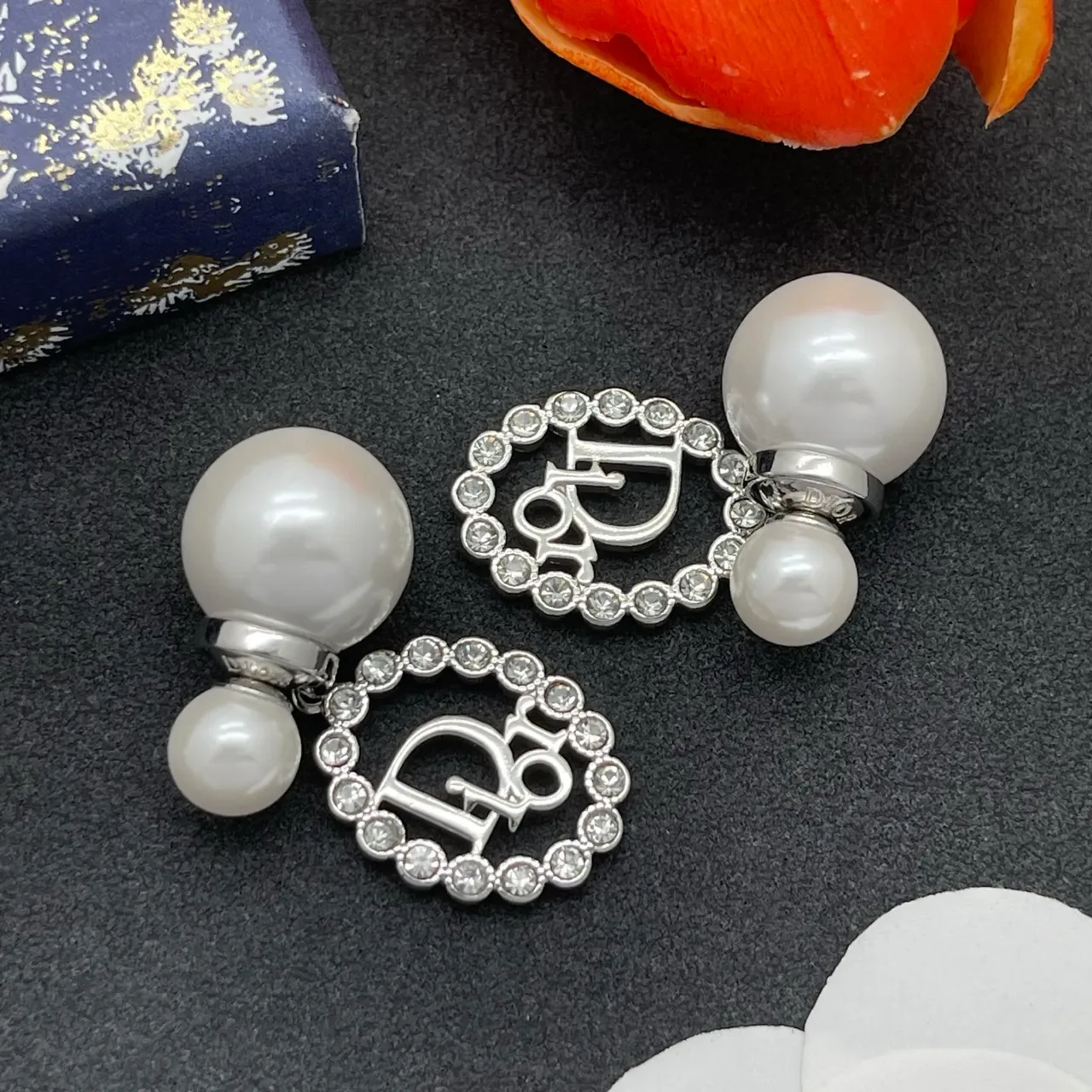 Dior Oblique Crystal and Pearl Dangling Earrings 6