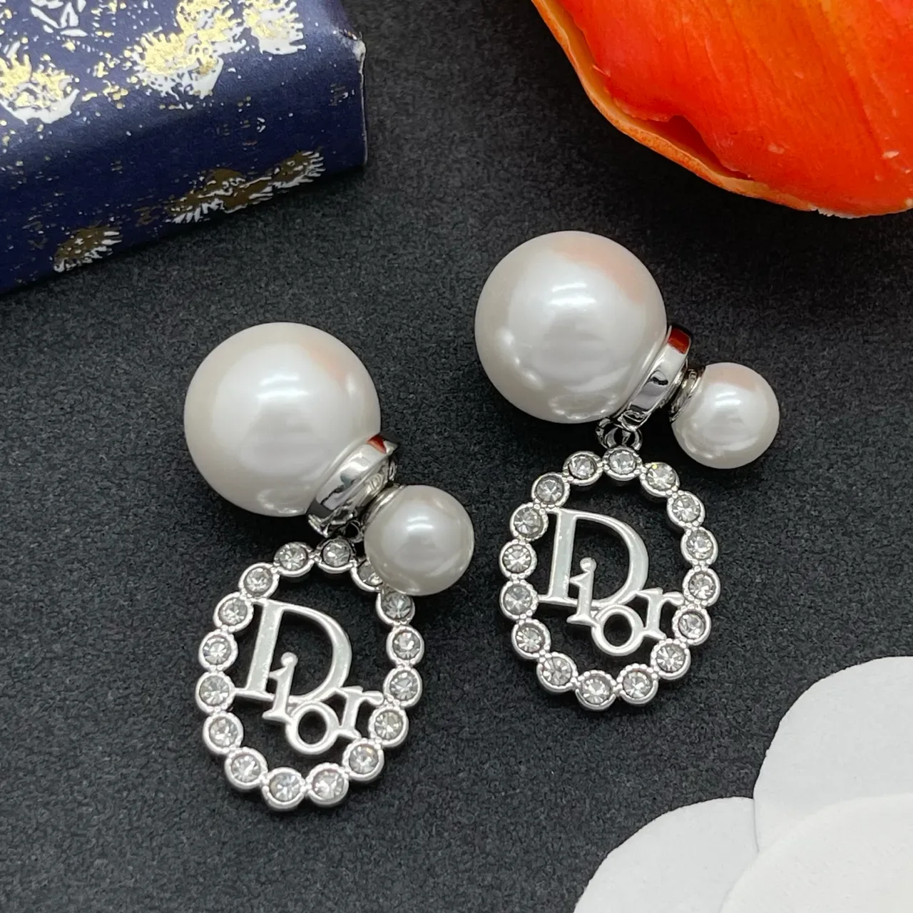 Dior Oblique Crystal and Pearl Dangling Earrings 7