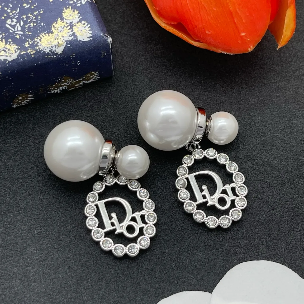 Dior Oblique Crystal and Pearl Dangling Earrings 8