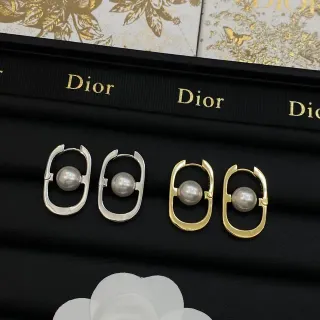 Dior Silver Gold Oval Open Hoop Central Pearl Earrings