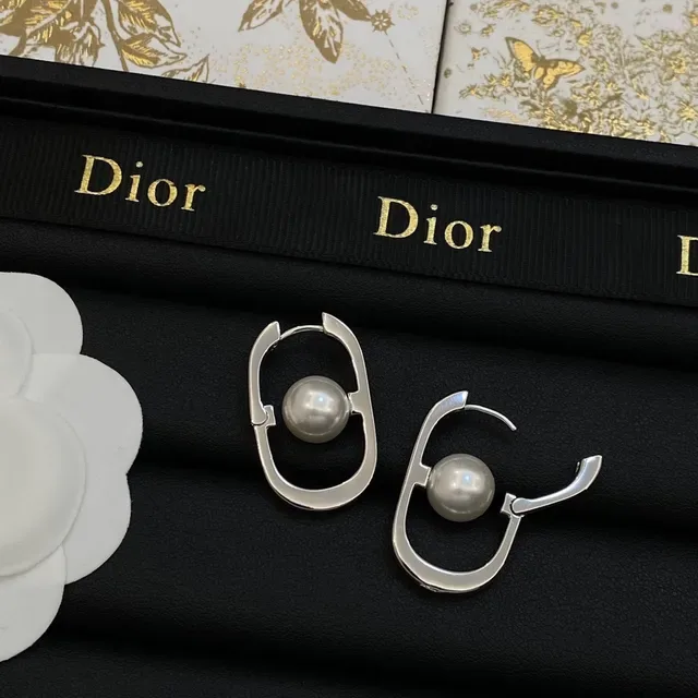 Dior Silver Gold Oval Open Hoop Central Pearl Earrings 2