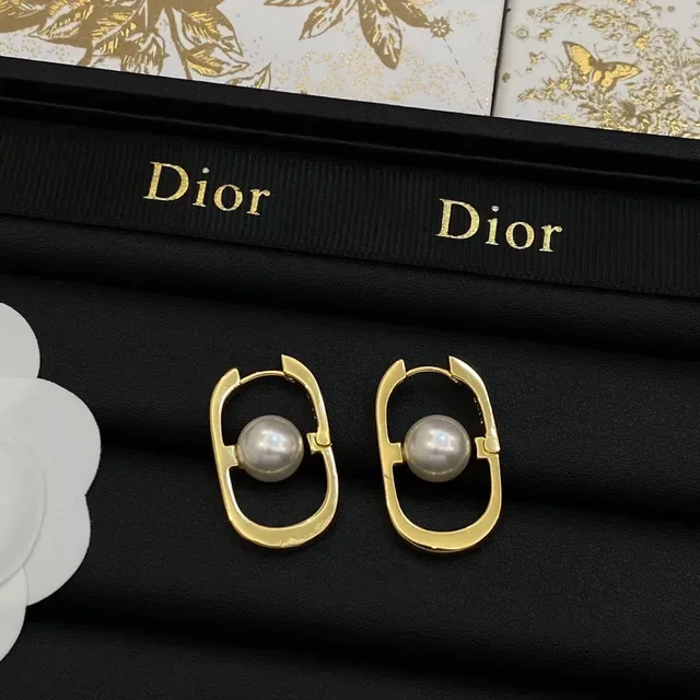 Dior Silver Gold Oval Open Hoop Central Pearl Earrings 3