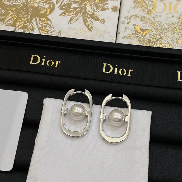 Dior Silver Gold Oval Open Hoop Central Pearl Earrings 4