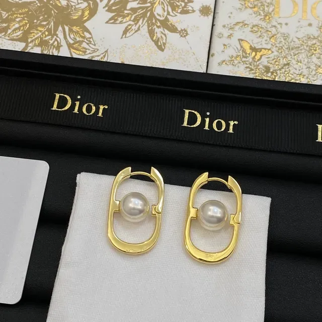 Dior Silver Gold Oval Open Hoop Central Pearl Earrings 5