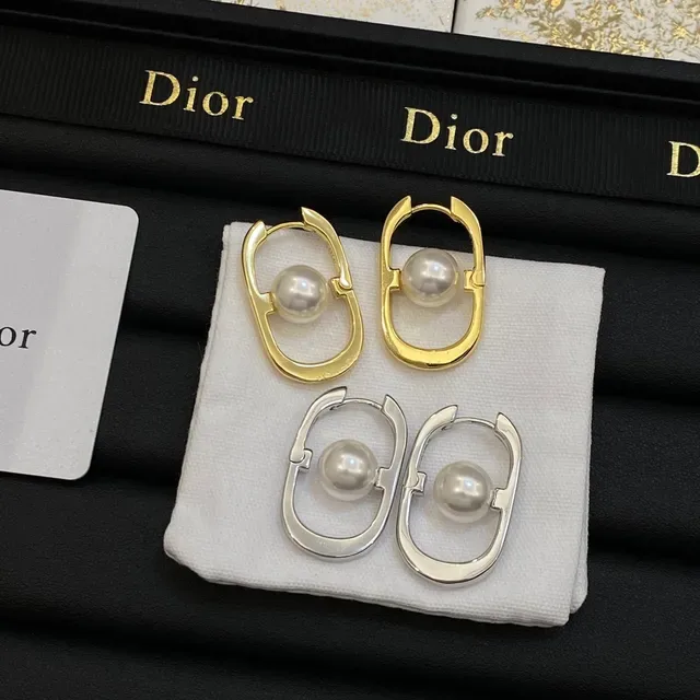 Dior Silver Gold Oval Open Hoop Central Pearl Earrings 6