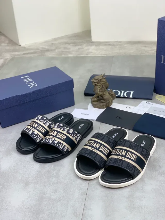 Dior Slide Black Beige Oblique Jacquard Strap Leather Footbed Slippers 2