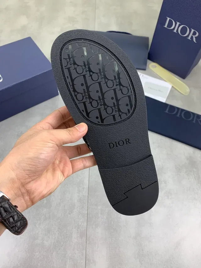 Dior Slide Black Beige Oblique Jacquard Strap Leather Footbed Slippers 3