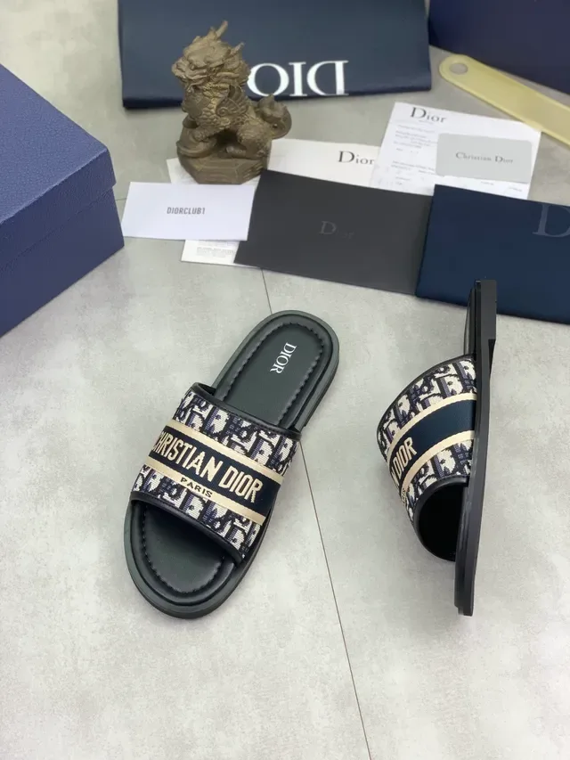 Dior Slide Black Beige Oblique Jacquard Strap Leather Footbed Slippers 6