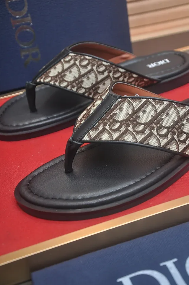 Dior Slide Black Beige Thong Strap Oblique Monogram Print Slippers 2