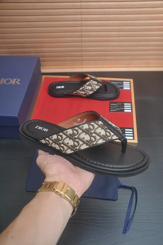 Dior Slide Black Beige Thong Strap Oblique Monogram Print Slippers 5