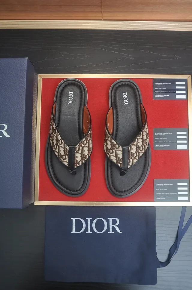 Dior Slide Black Beige Thong Strap Oblique Monogram Print Slippers 6