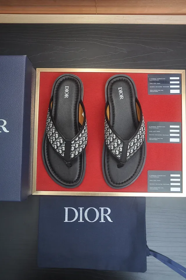 Dior Slide Black Beige Thong Strap Oblique Monogram Print Slippers 8