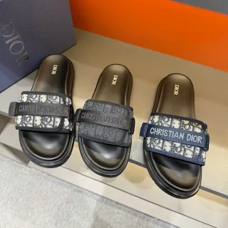 Dior Slide Black Beige Wide Double-Strap Oblique Jacquard Band Slippers