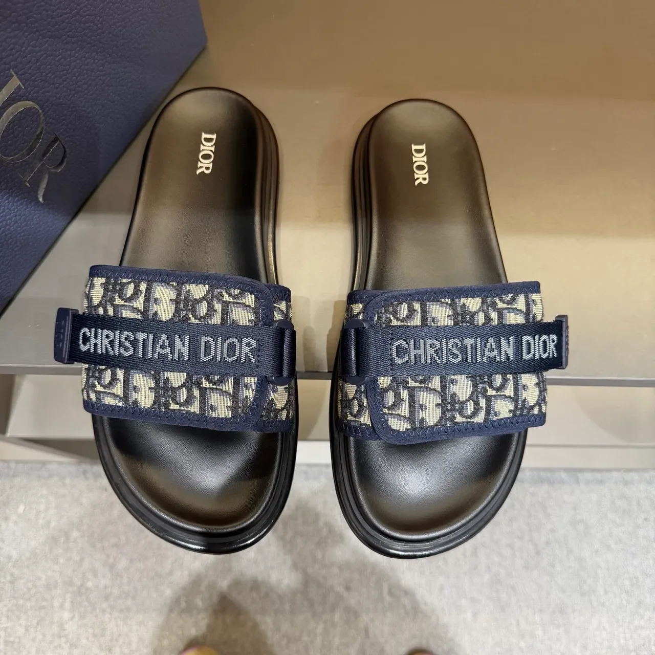 Dior Slide Black Beige Wide Double-Strap Oblique Jacquard Band Slippers 4