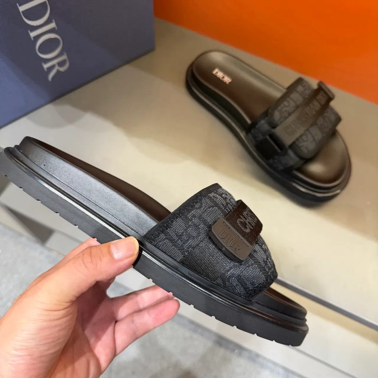 Dior Slide Black Beige Wide Double-Strap Oblique Jacquard Band Slippers 5