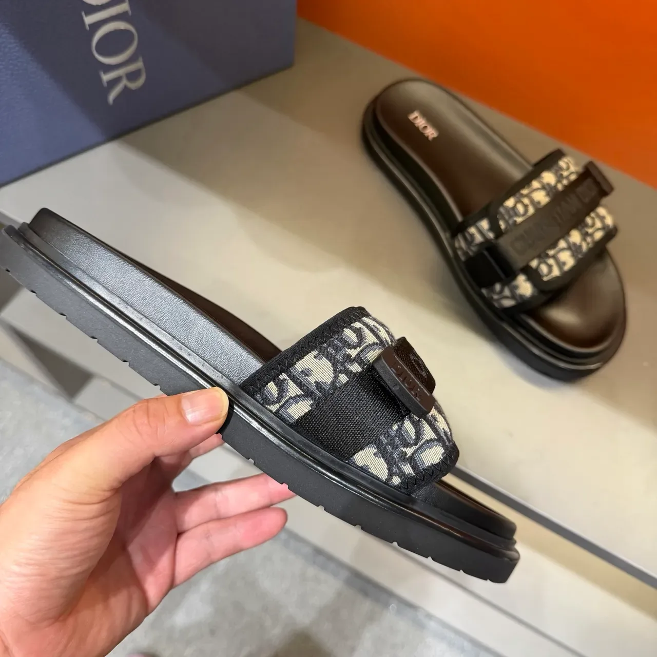 Dior Slide Black Beige Wide Double-Strap Oblique Jacquard Band Slippers 6