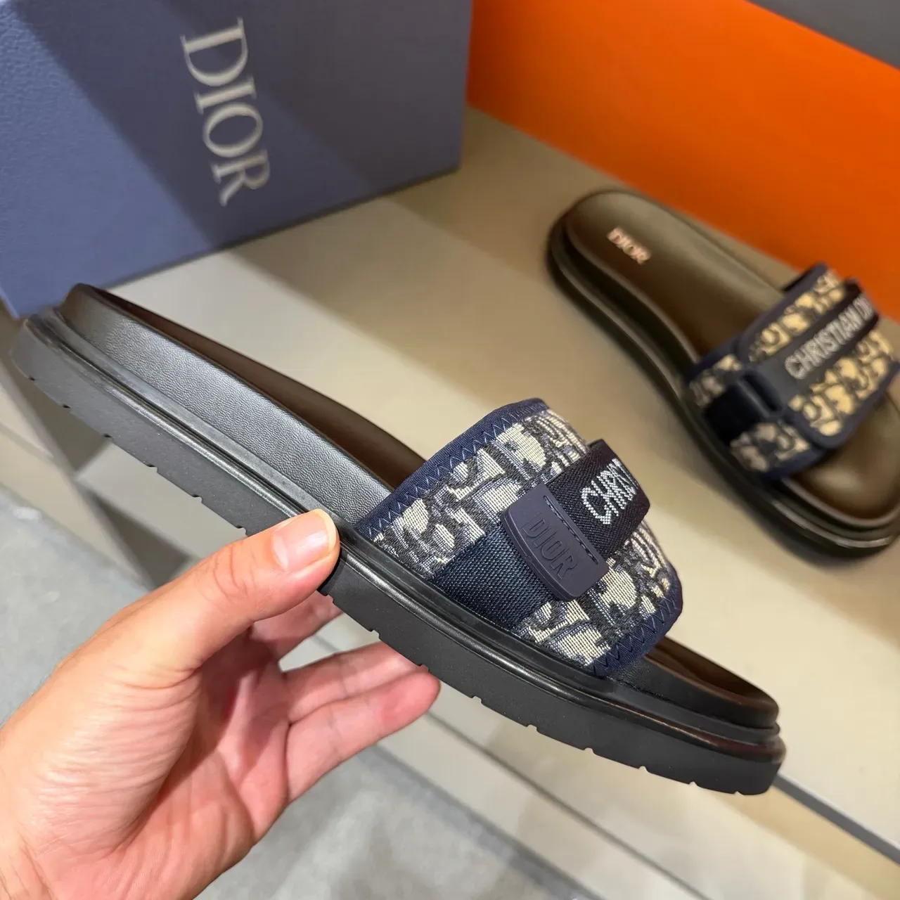 Dior Slide Black Beige Wide Double-Strap Oblique Jacquard Band Slippers 7