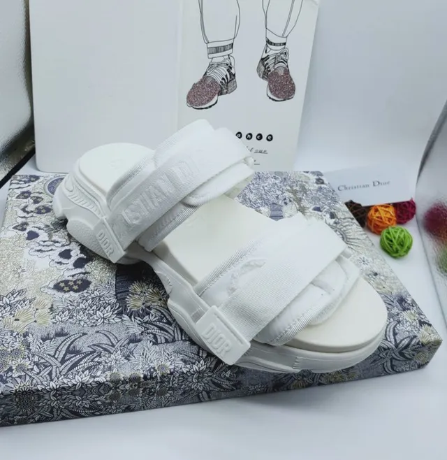 Dior White Double-Strap Slide Woven Nylon Straps Casual Sandals 2