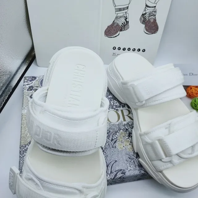 Dior White Double-Strap Slide Woven Nylon Straps Casual Sandals 3