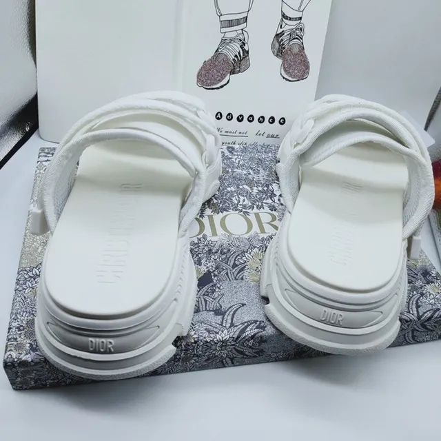 Dior White Double-Strap Slide Woven Nylon Straps Casual Sandals 6