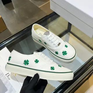 Dior White Green Canvas Upper Embroidered Shamrock Motifs Lifestyle Sneakers