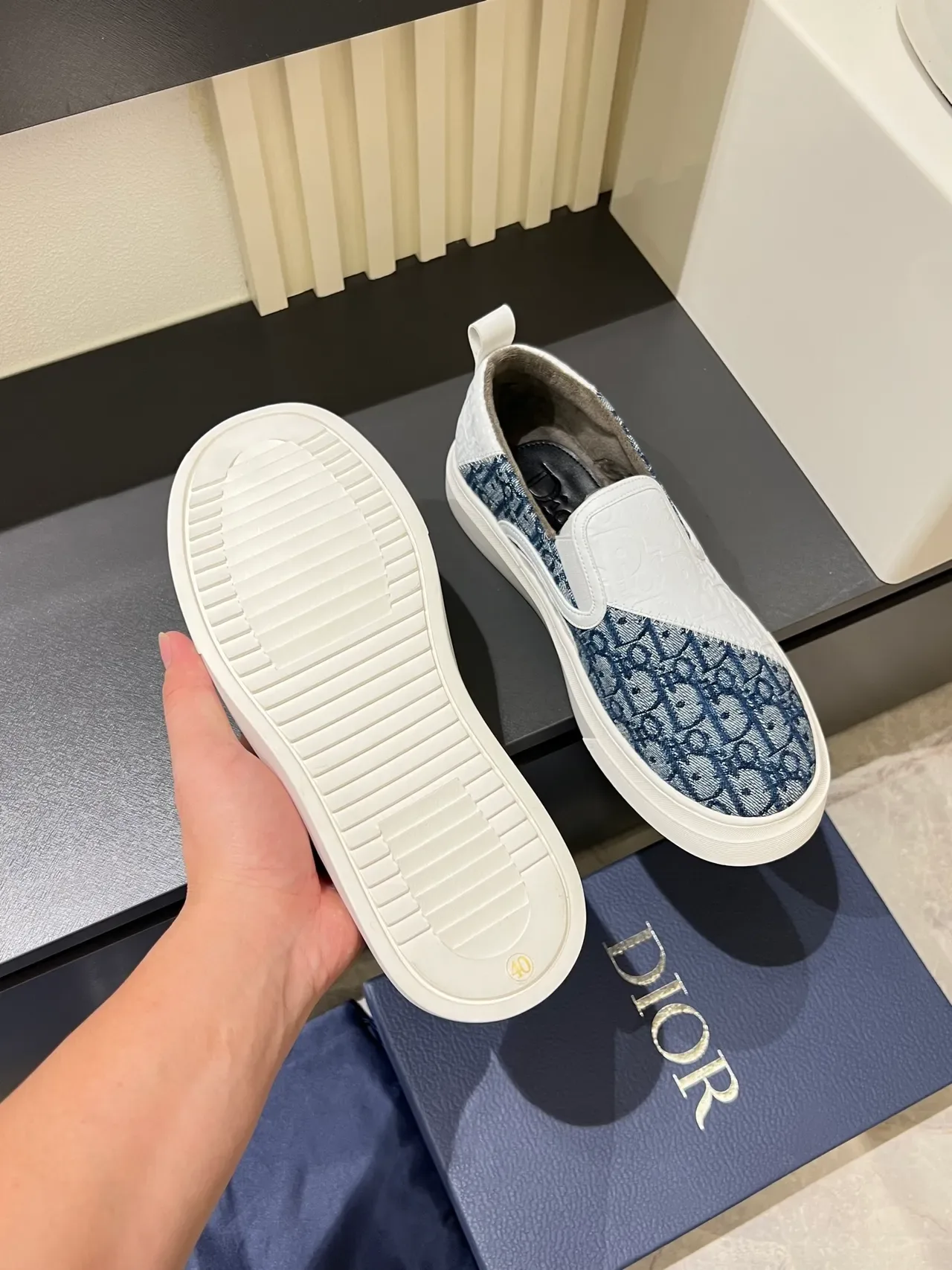 Dior White Navy Slip-On Embossed Leather Lifestyle Sneakers 3
