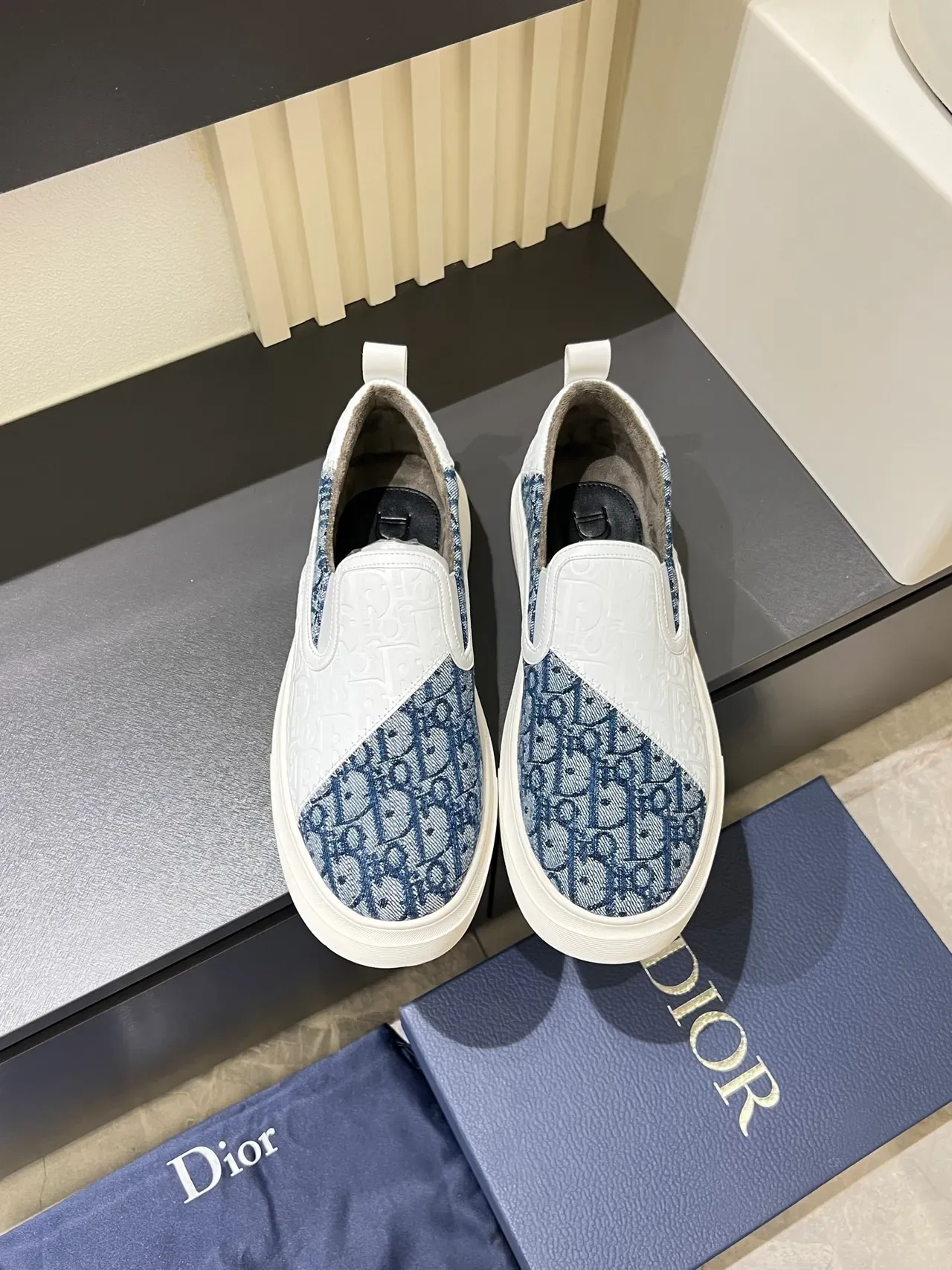 Dior White Navy Slip-On Embossed Leather Lifestyle Sneakers 5
