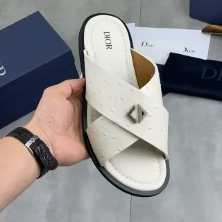 Dior White Ostrich-Texture Cross Strap Slipper