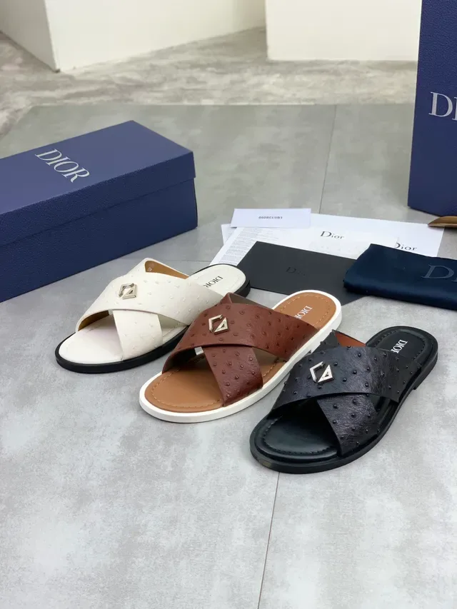 Dior White Ostrich-Texture Cross Strap Slipper 2