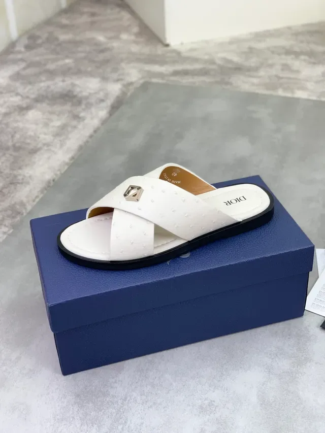 Dior White Ostrich-Texture Cross Strap Slipper 5