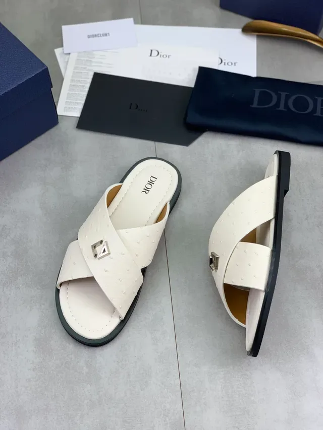 Dior White Ostrich-Texture Cross Strap Slipper 6