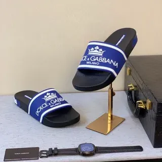 Dolce & Gabbana Portofino أسود أزرق واسع شعار حزام تاج رمز حذاء منزلي