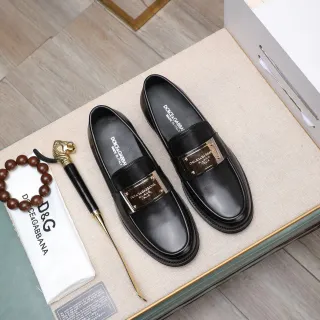 Dolce & Gabbana Portofino Black Gold Polished Leather Metal Plaque Loafer
