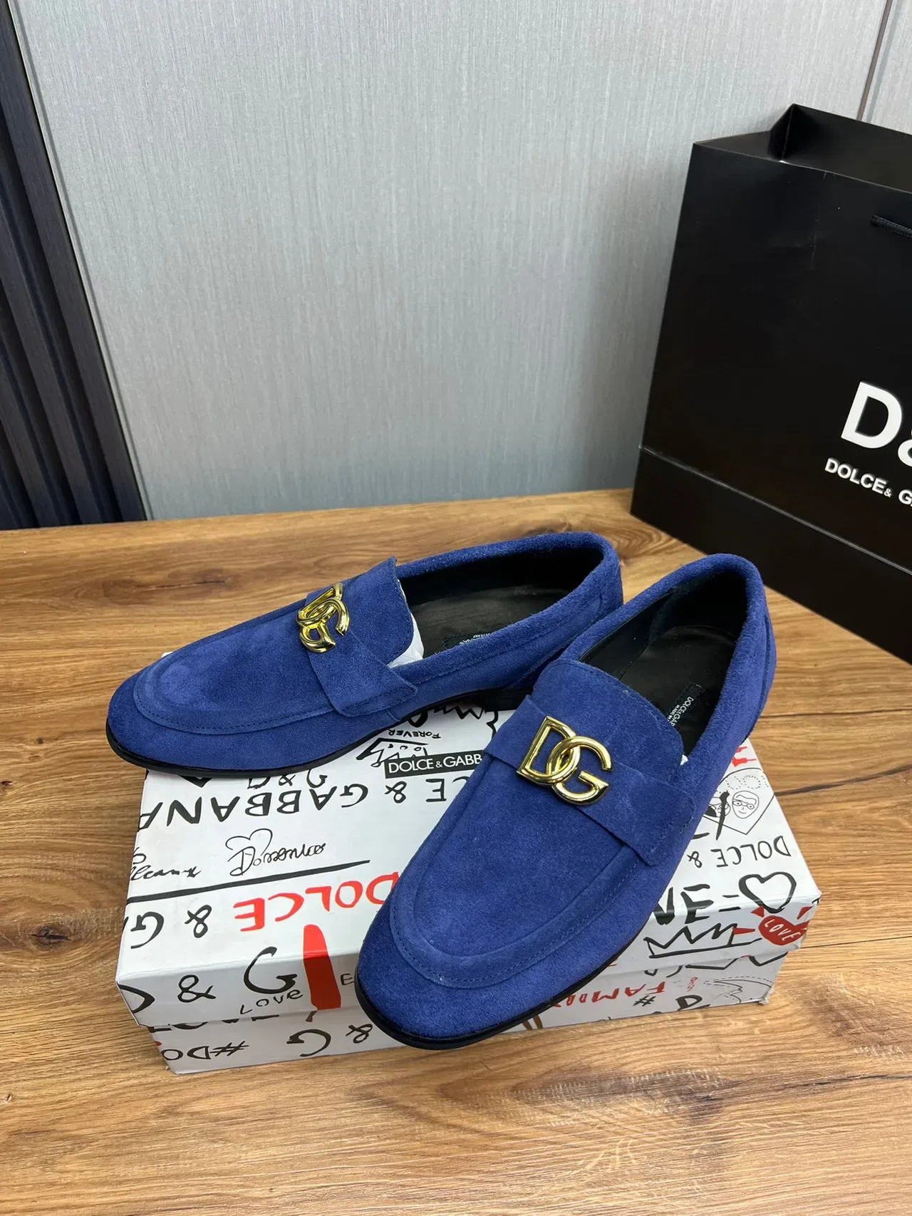 Dolce & Gabbana Loafer Bleu Doré Daim Supérieur D&G Boucle 3