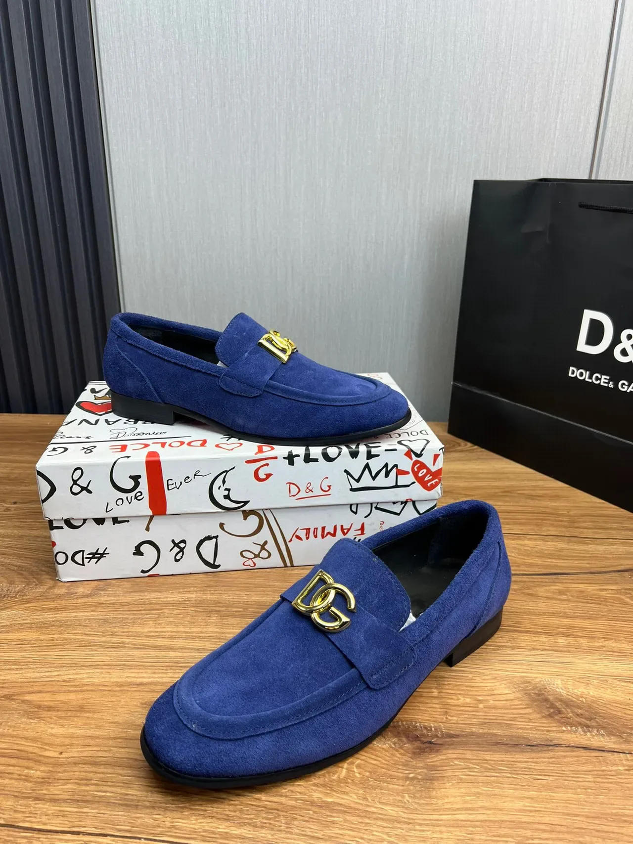 Dolce & Gabbana Loafer Bleu Doré Daim Supérieur D&G Boucle 4