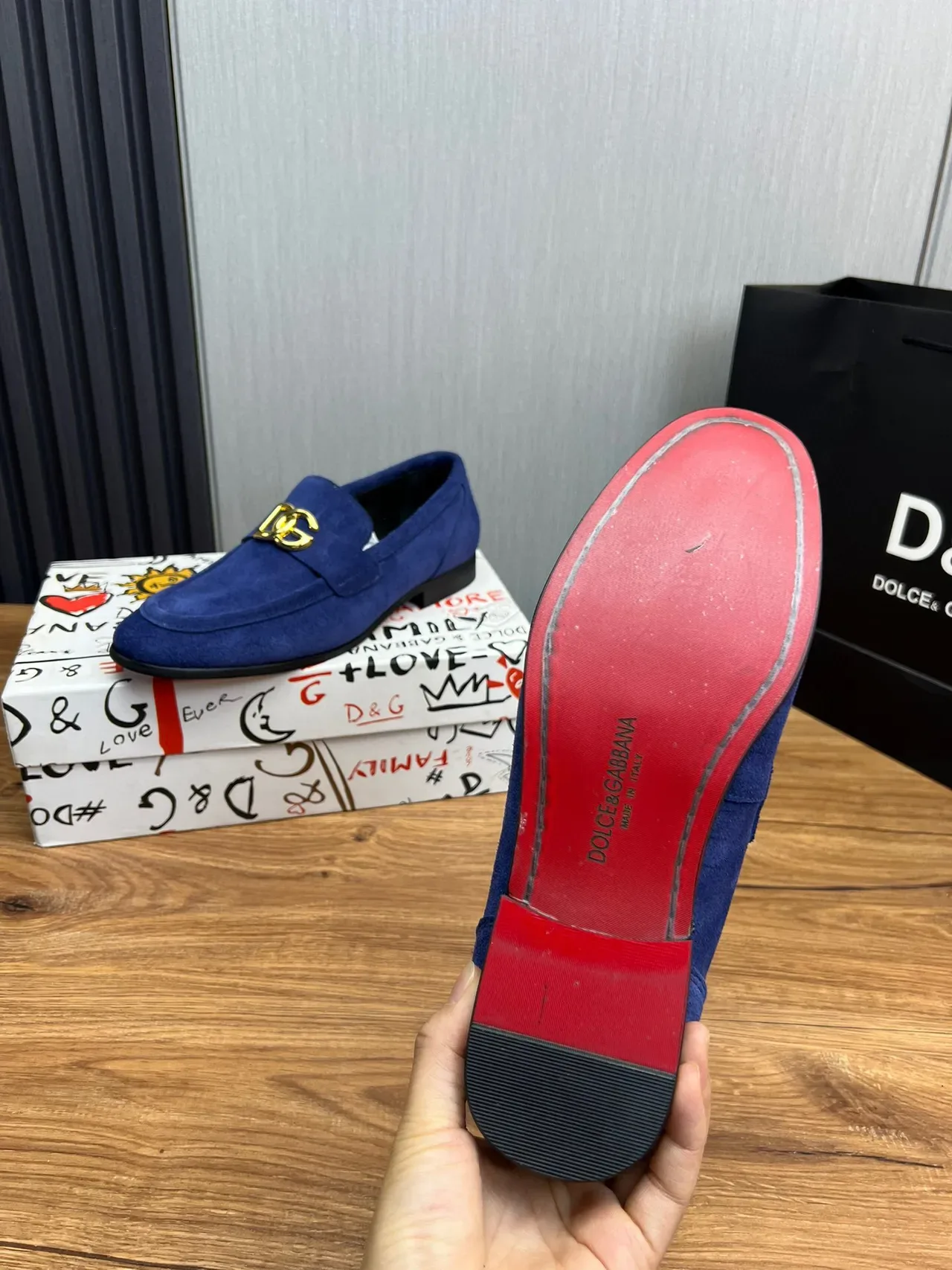 Dolce & Gabbana Loafer Bleu Doré Daim Supérieur D&G Boucle 9