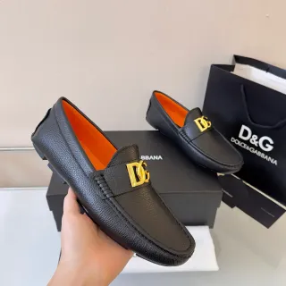 Dolce & Gabbana Logo Loafer Black Orange Pebbled Leather Gold Buckle Loafer