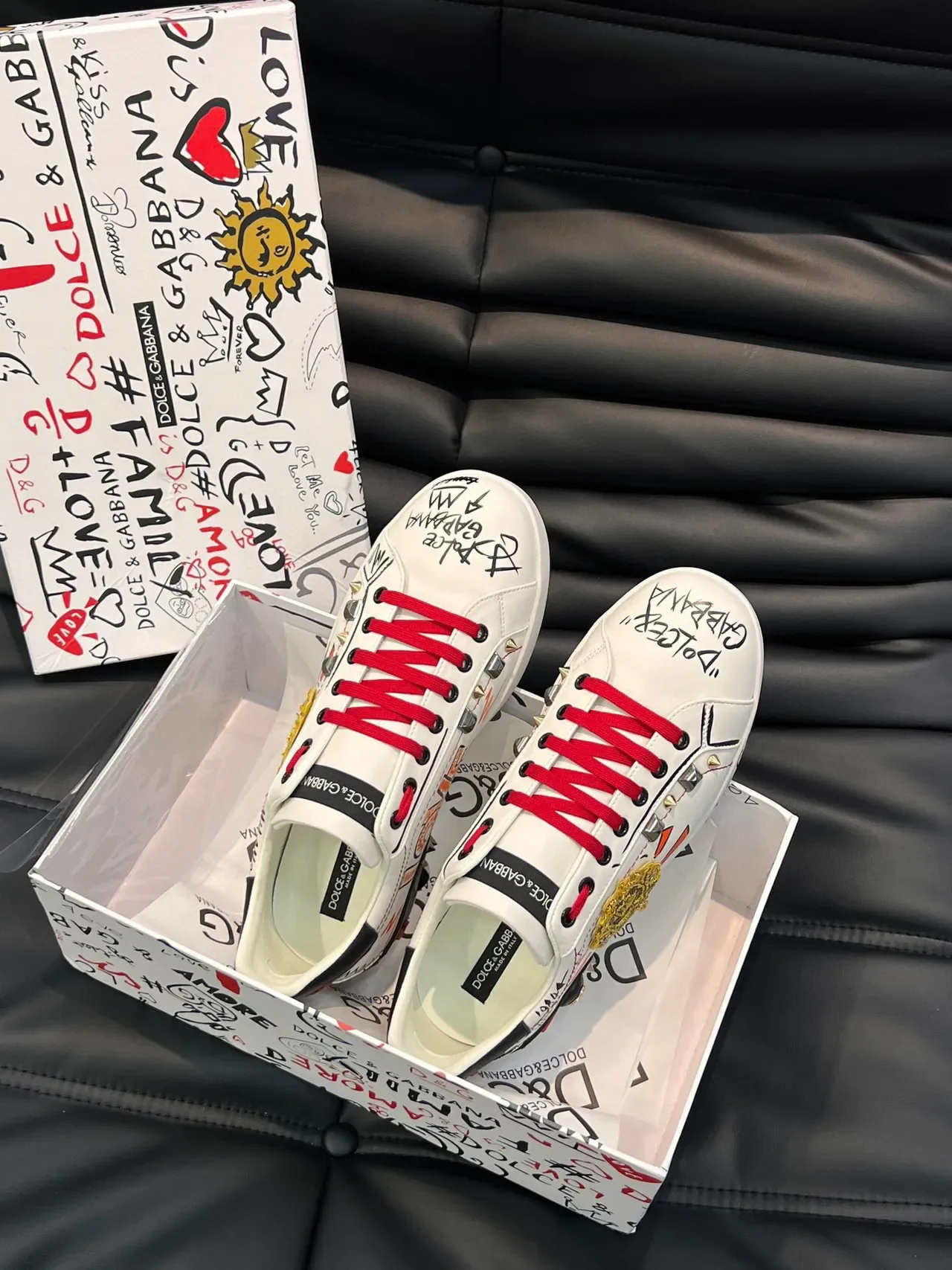 Dolce & Gabbana Portofino Graffiti-Print Studded Leather Lifestyle Sneakers 6
