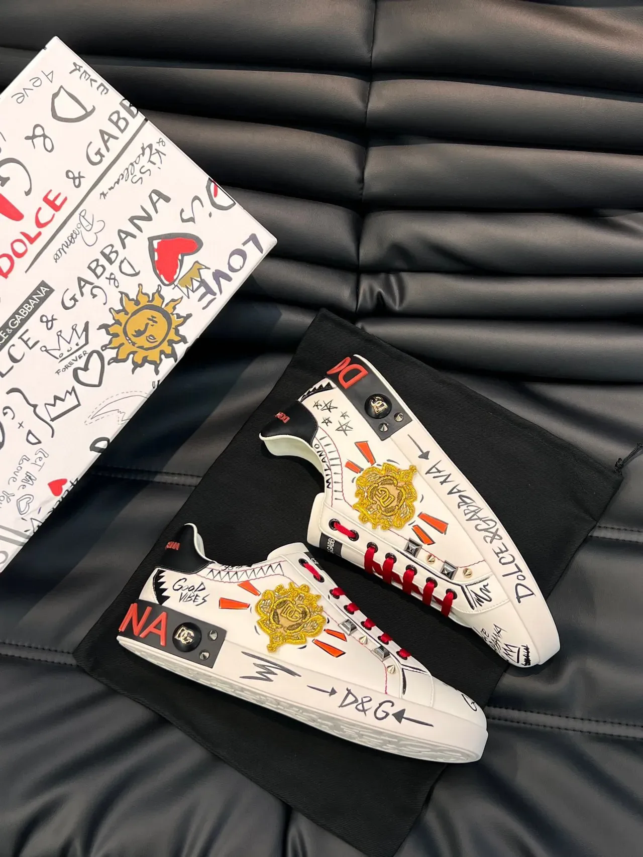 Dolce & Gabbana Portofino Graffiti-Print Studded Leather Lifestyle Sneakers 7