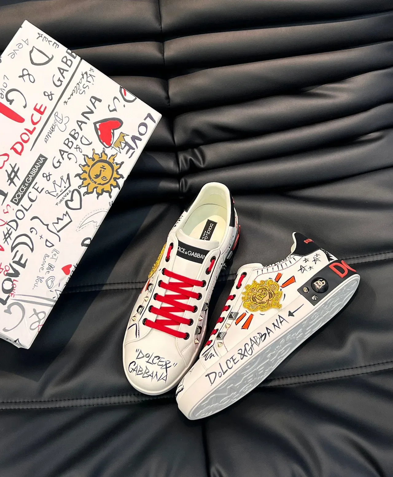 Dolce & Gabbana Portofino Graffiti-Print Studded Leather Lifestyle Sneakers 9
