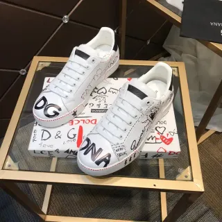 Dolce & Gabbana 白色黑色印花皮革低帮系带生活休闲鞋