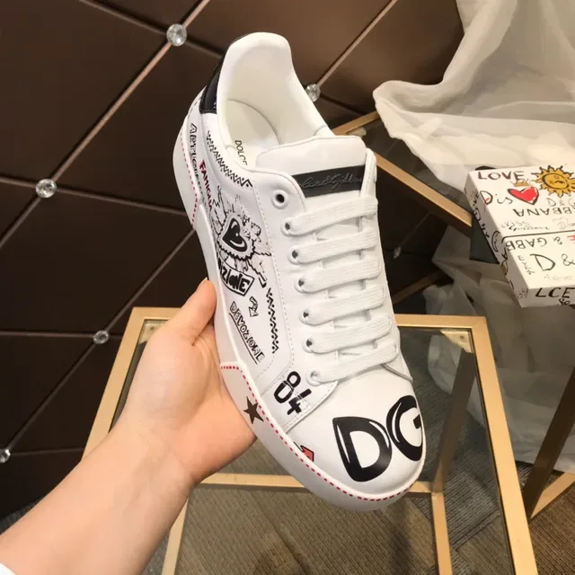 Dolce & Gabbana Sneakers lifestyle blanches noires imprimées graphiquement en cuir low-top lacets 3