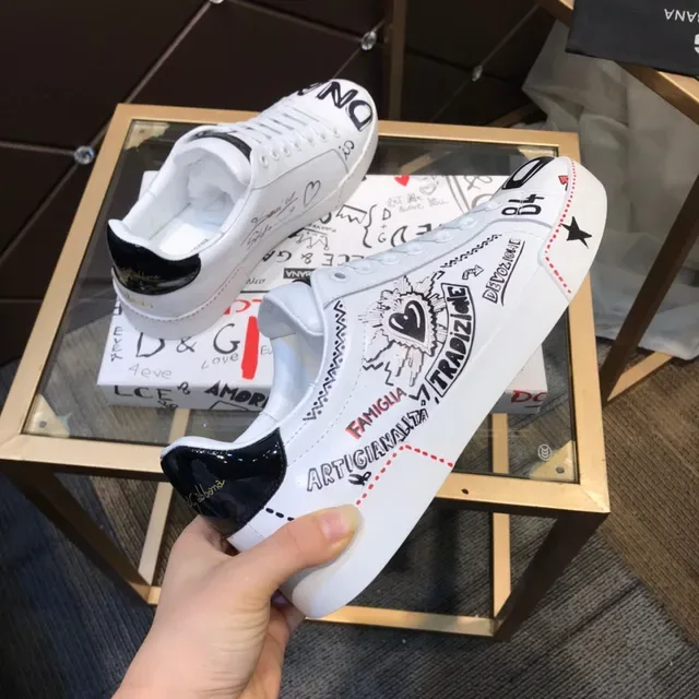 Dolce & Gabbana Sneakers lifestyle blanches noires imprimées graphiquement en cuir low-top lacets 5