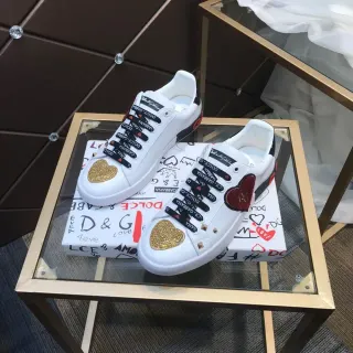 Dolce & Gabbana White Black Leather Heart Embellishments Lifestyle Sneakers
