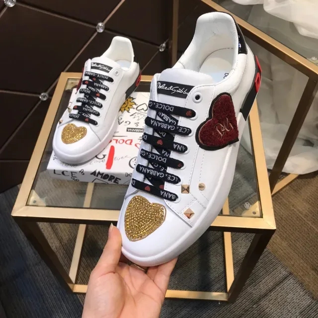 Dolce & Gabbana White Black Leather Heart Embellishments Lifestyle Sneakers 3