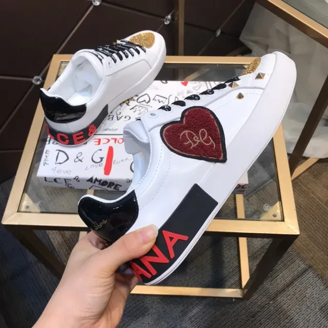 Dolce & Gabbana White Black Leather Heart Embellishments Lifestyle Sneakers 5