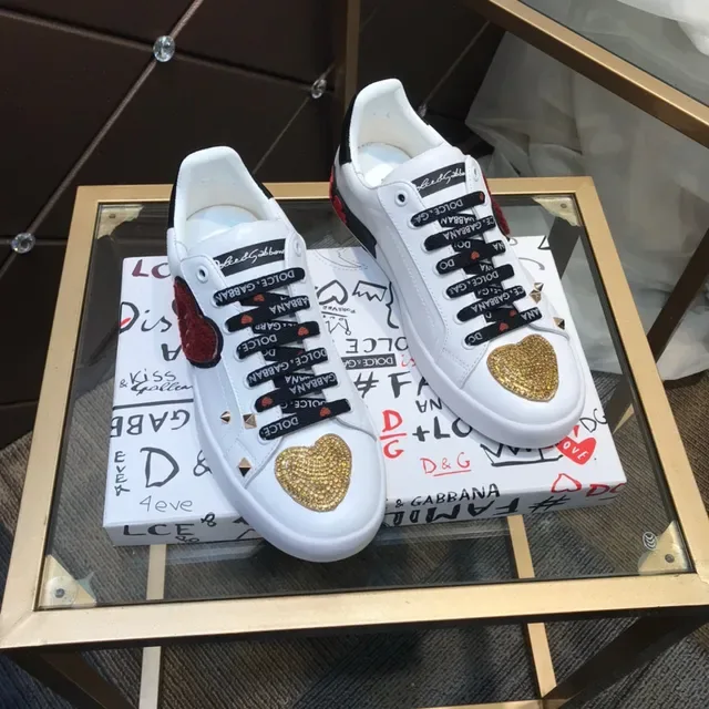 Dolce & Gabbana White Black Leather Heart Embellishments Lifestyle Sneakers 7