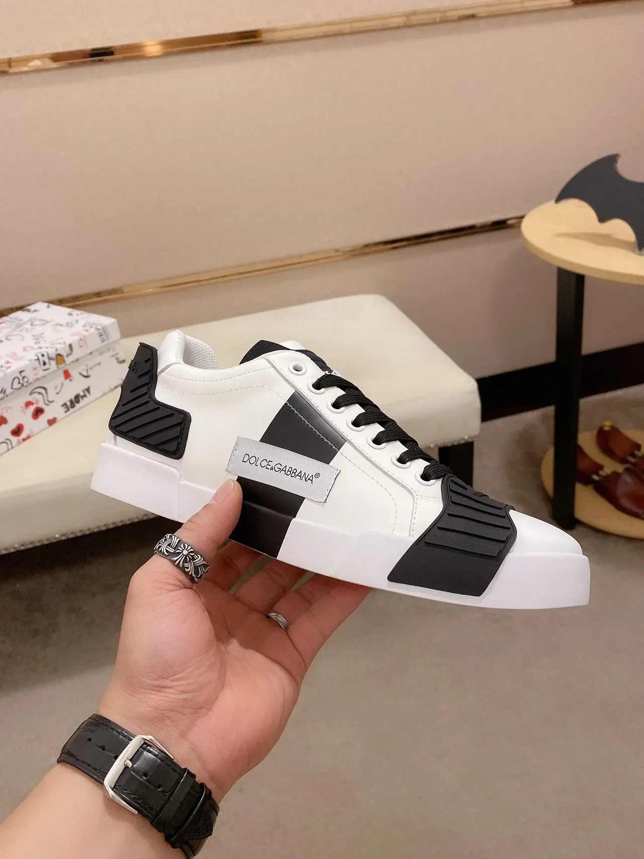 Dolce & Gabbana أبيض أسود جلد علوي غطاء مطاطي حذاء رياضي نمط حياة 7