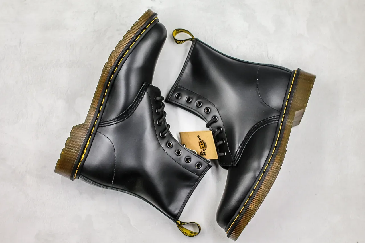 Dr. Martens 1460 Black Smooth Leather Yellow Stitch Martin Boots 2